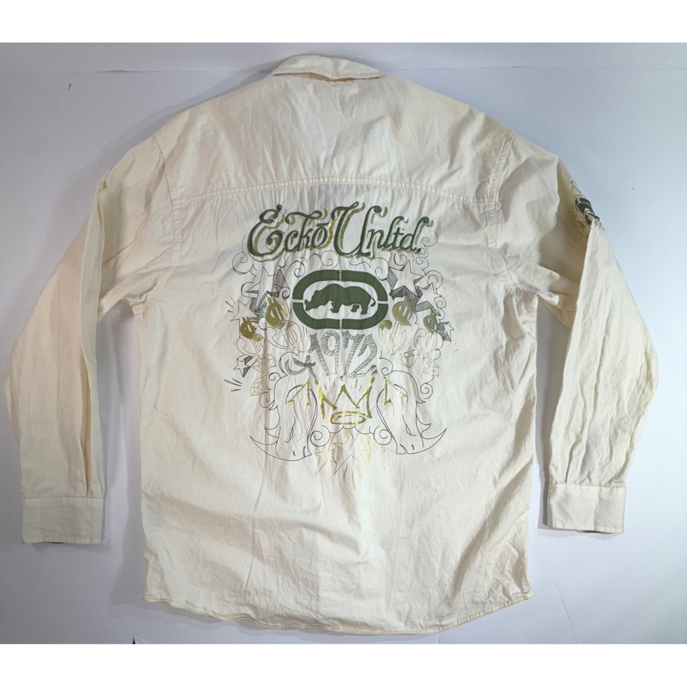 Ecko Unltd Mens XL Cream Long Sleeve Button Down Shirt Embroidered Rhino Y2K